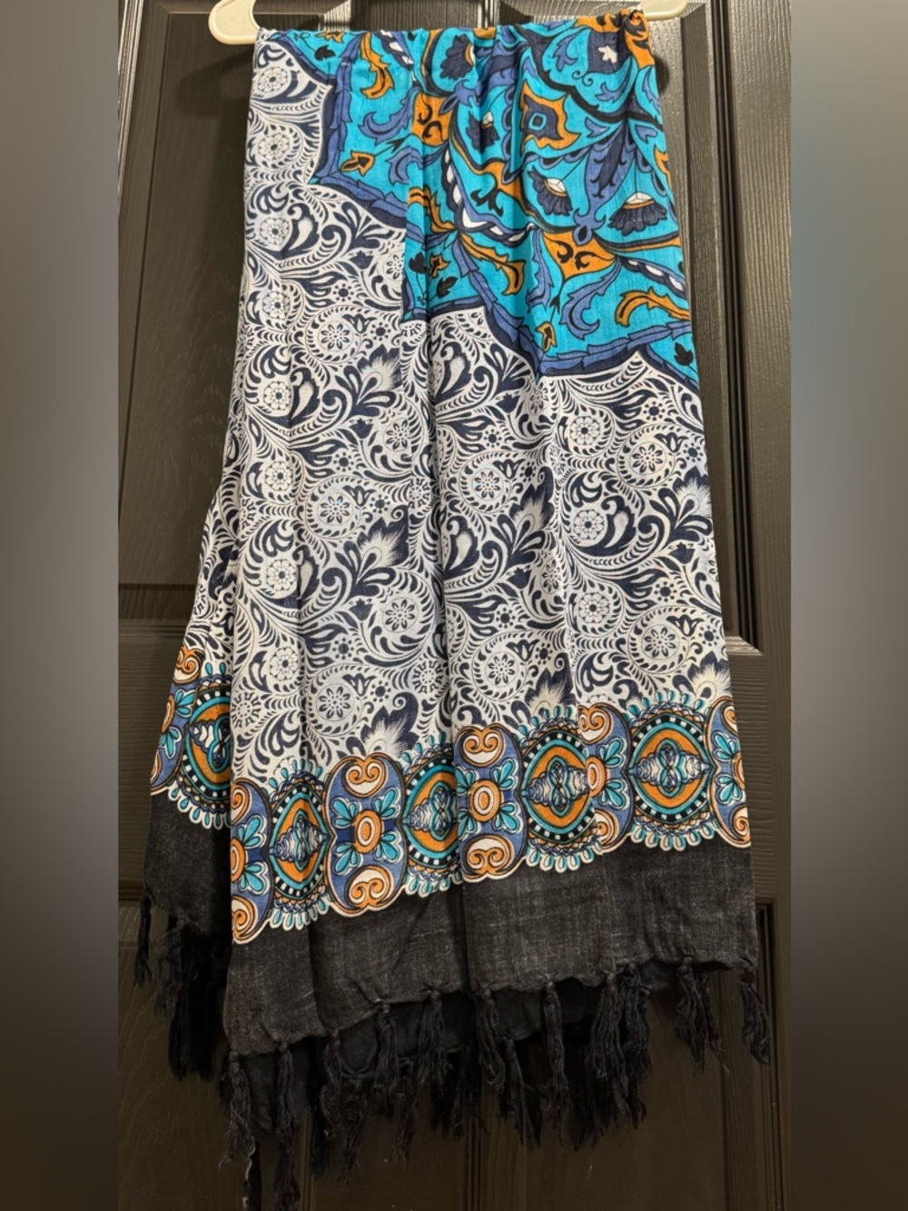 Boho Printed Scarf with Turquoise & Orange Accents